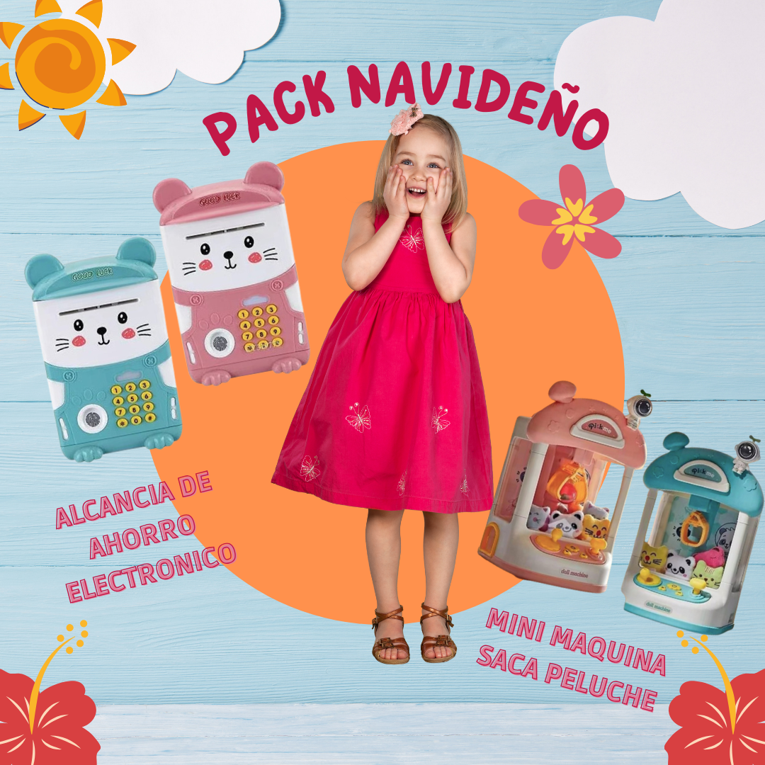 PACK NAVIDEÑO DE AHORRO Y DIVERSIÓN - Alcancia de Ahorro y Mini maquina Saca Peluche